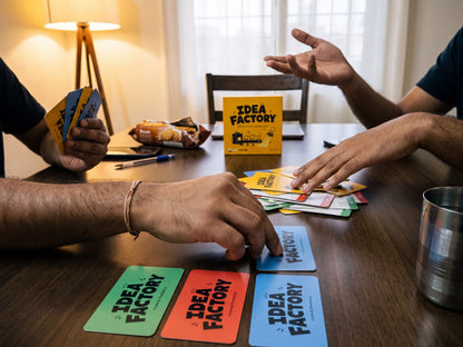 Players pitching ideas with Idea Factory cards